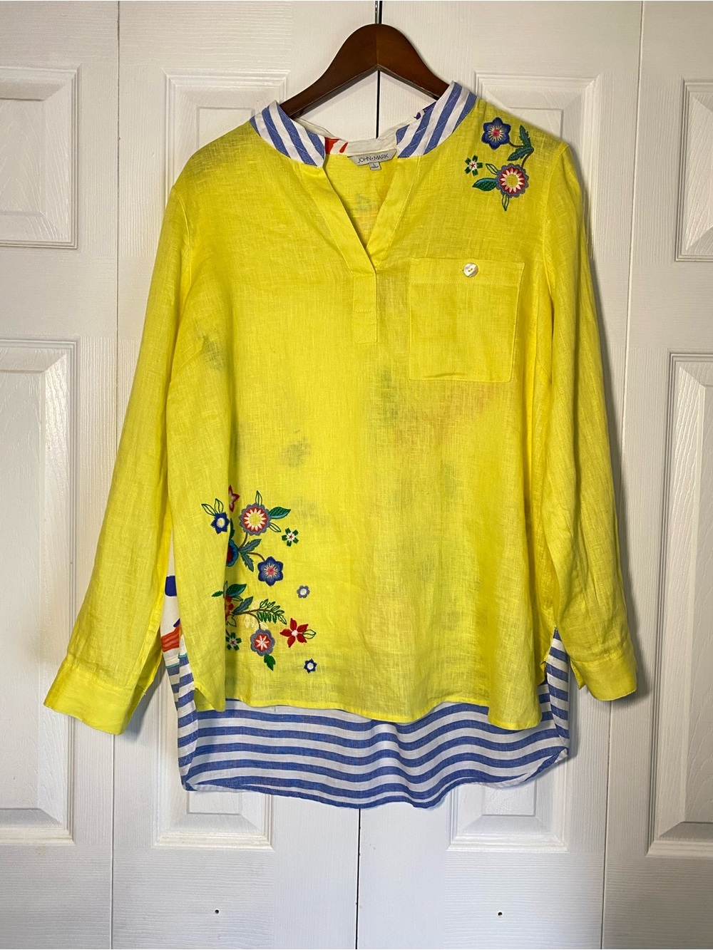 John Mark Yellow Embroidered Blouse Top Linen Mixed Media with Blue Striped Hem